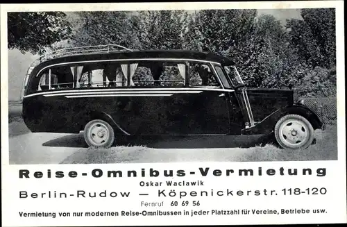 Ak Berlin Neukölln Rudow, Omnibus Vermietung, Köpenicker Straße 118