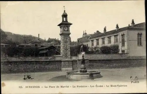 Ak Suresnes Hauts de Seine, La Place du Marché, La Fontaine, Les Écoles, Le Mont Valérien