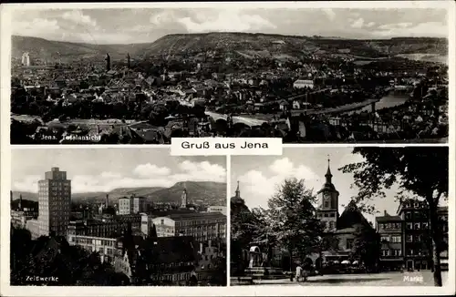 Ak Jena in Thüringen, Totalansicht, Zeisswerke, Markt