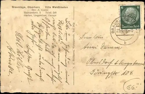 Ak Braunlage im Oberharz, Villa Waldfrieden