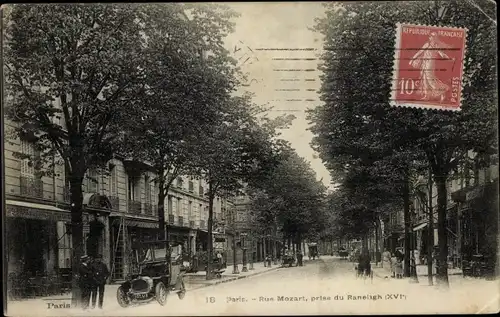 Ak Paris XVI., Rue Mozart, prise du Rue Ranelagh, voiture