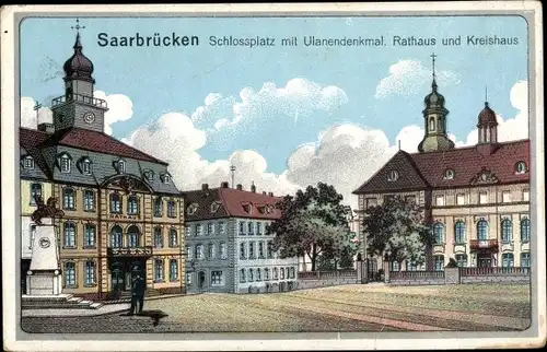 Ak Saarbrücken im Saarland, Schloßplatz mit Ulanendenkmal, Rathaus und Kreishaus