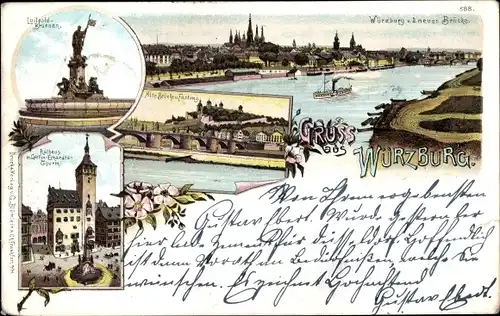 Litho Würzburg am Main Unterfranken, Festung, Brücke, Rathaus, Luitpold Brunnen