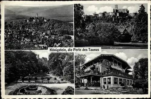 Ak Königstein im Taunus Hessen, Gesamtansicht der Stadt, Burgruine, Kurhaus, Kurpark, Brunnen