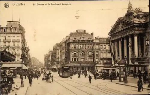 Ak Bruxelles Brüssel, La Bourse et le boulevard Anspach, Straßenbahn
