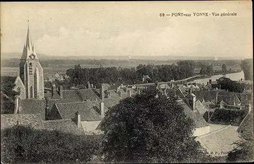 Ak Pont sur Yonne, Vue generale, Blick auf den Ort, Kirchturm