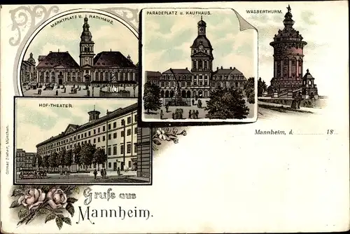 Litho Mannheim in Baden Württemberg, Wasserturm, Paradeplatz, Kaufhaus, Hoftheater, Marktplatz