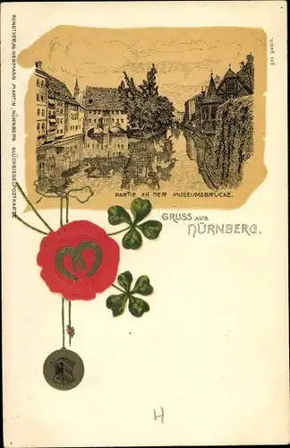 Präge Litho Nürnberg in Mittelfranken Bayern, Partie an der Museumsbrücke, Siegel, Hufeisen