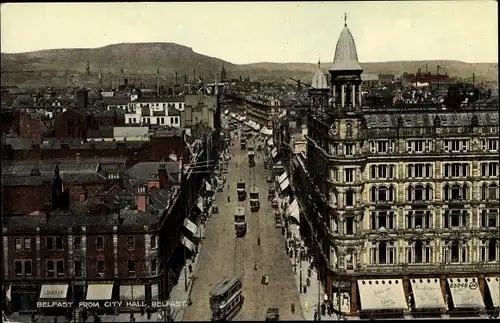 Ak Belfast Nordirland, View North from City Hall, Donegall Place, Jordan, Trams, Straßenansicht
