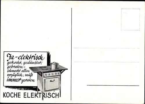 Ak Ja elektrisch gekocht, gedünstet, gebraten, Koche elektrich, Bier, Eisbein, Klöße, Sauerkraut