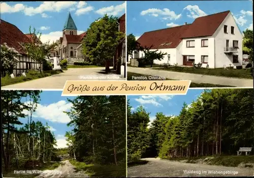 Ak Bad Holzhausen Preußisch Oldendorf Westfalen, Kirche, Pension Ortmann, Waldweg im Wiehengebirge
