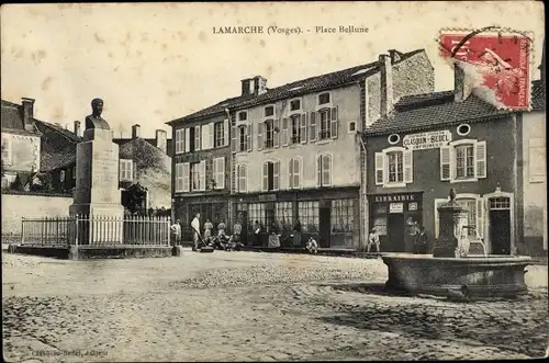 Ak Lamarche Lothringen Vosges, Place Bellune, Imprimerie, Brunnen, Denkmal