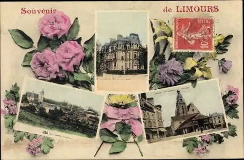 Ak Limours Essonne, Chateau, Vue générale, Place du Marché, Les Halles, fleurs