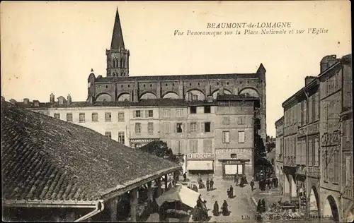 Ak Beaumont de Lomagne Tarn et Garonne, Vue Panoramique sur la Place Nationale et sur l'Eglise