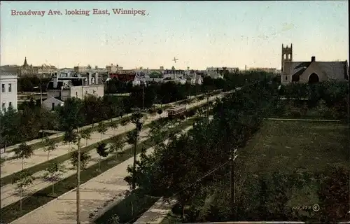 Ak Winnipeg Manitoba Kanada, Broadway Avenue, looking east, church