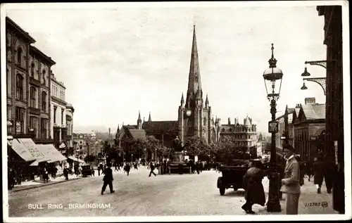 Ak Birmingham West Midlands England, St. Martin in the Bull Ring, Straßenpartie in der Stadt, Kirche