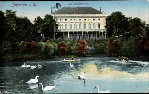 Ak Zwickau in Sachsen, Ruderpartie mit Blick zum Schwanenschloss