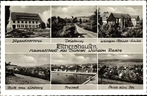 Ak Eschershausen in Niedersachsen, Jugendherberge, Driebeweg, Schule, Freibad, Ortsansicht