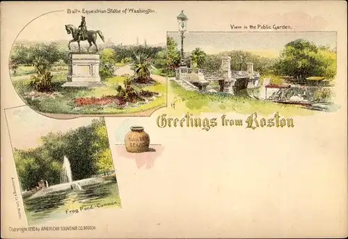 Litho Boston Massachusetts USA, Public Garden, Statue of Washington, Frog Pond