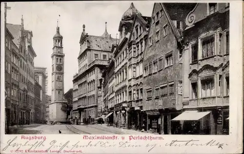 Relief Ak Augsburg in Schwaben, Maximilianstraße und Perlachturm
