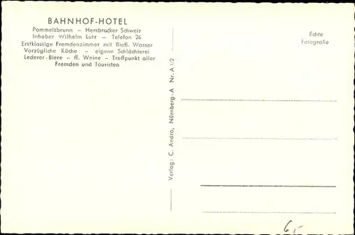Ak Pommelsbrunn in Mittelfranken, Bahnhof Hotel, Inh. Wilhelm Lutz, Restaurant