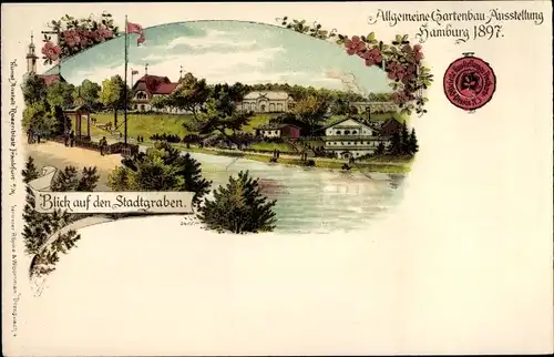 Litho Hamburg, Allgemeine Gartenbau Ausstellung 1897, Stadtgraben
