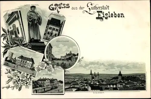 Litho Lutherstadt Eisleben in Sachsen Anhalt, Panorama vom Ort, Luther Denkmal, Gymansium, Bahnhof