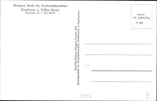 Ak Stuttgart in Baden Württemberg, Konditorei u. Kaffee Bauer, Kronerstr. 31, Springbrunnen, Gedicht