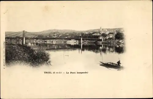 Passepartout Ak Triel sur Seine Yvelines, Le Pont suspendu, vue générale, barque