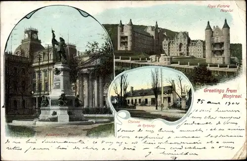 Ak Montreal Québec Kanada, Maisonneuve Monument, Royal Victoria Hospital, Chateau de Ramezay
