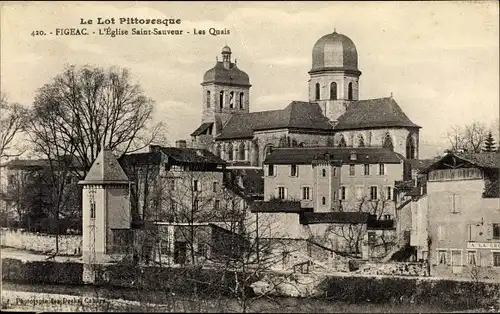 Ak Figeac Lot, L'Eglise Saint Sauveur, Les Quais