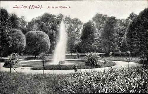 Ak Landau in der Pfalz, Partie im Westerpark, Springbrunnen
