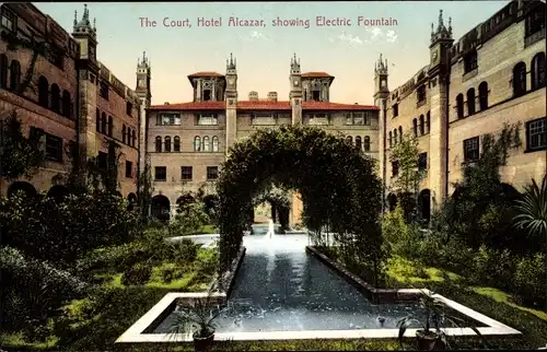 Ak St. Augustine Florida USA, Hotel Alcazar, The Court, Electric Fountain