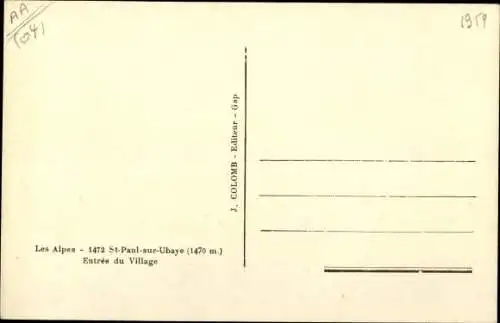 Ak Saint Paul sur Ubaye Alpes de Haute Provence, Entree du Village