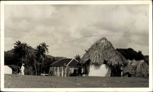 Foto Ak Südamerika, Dorf mit strohbedeckten Häusern, Palmen