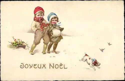 Präge Ak Frohe Weihnachten, Kinder im Schnee, kleiner Hund