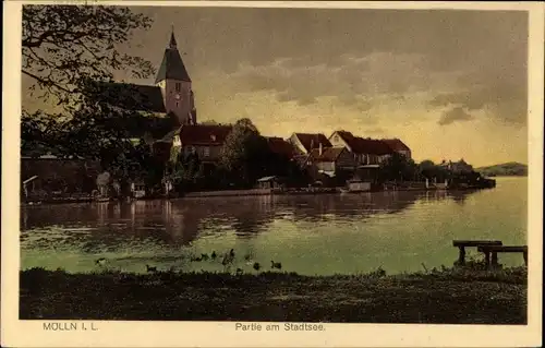 Ak Mölln in Schleswig Holstein, Partie am Stadtsee mit Blick zum Ort, Kirche