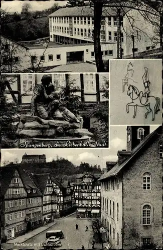 Ak Spangenberg Bez. Kassel in Hessen, Marktplatz mit Schlossberg, Statue