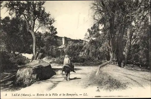 Ak Taza Marokko, Entree de la Ville et les Remparts, Araber, Esel