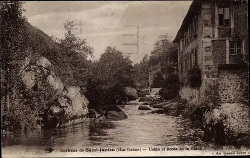 Ak Saint Junien Haute Vienne, Usine, Bords de la Glane