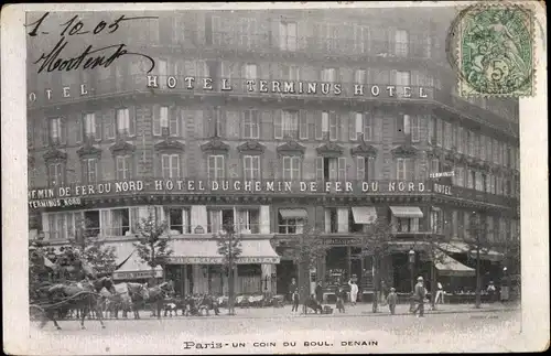 Ak Paris X., un coin du Boulevard Denain, Hotel Terminus, Hotel du Chemin de Fer du Nord