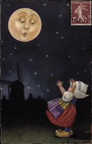 Künstler Ak Colombo, E., Niederländisches Mädchen schaut zum Mond, Mondgesicht