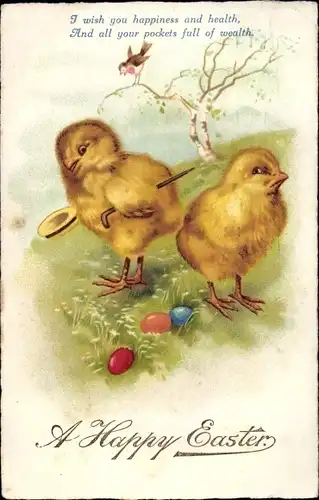 Ak Glückwunsch Ostern, vermenschlichte Küken auf Wiese, Ostereier, Vogel auf Ast