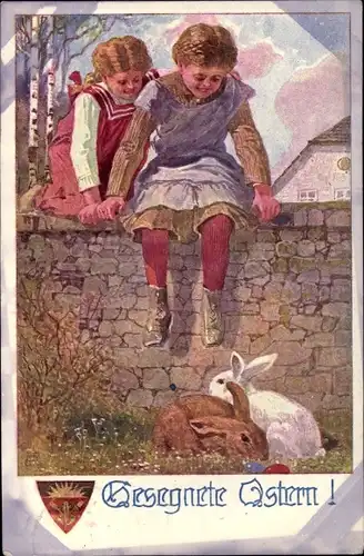 Künstler Ak Glückwunsch Ostern, Osterhasen an Mauer, Kinder, Ostereier