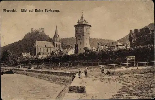 Ak Oberwesel in Rheinland Pfalz, Blick auf Ruine Schönburg, Kirche, Turm
