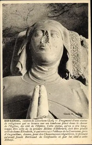 Ak Espagnac Lot, Fragment d'une statue de religieuse, Eglise