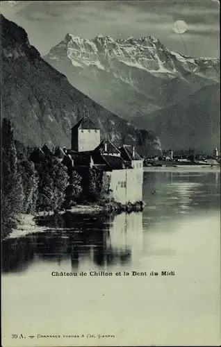 Mondschein Ak Chillon Lac Léman Kt. Waadt Schweiz, Chateau, Dent du Midi