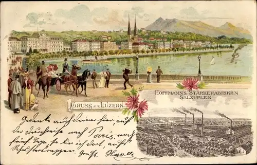 Litho Luzern Stadt Schweiz, Panorama von der Promenade aus, Hoffmann's Stärkefabriken Salzuflen