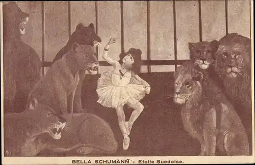 Ak Ballerina Bella Schumann, Löwen, Käfig, Fotomontage