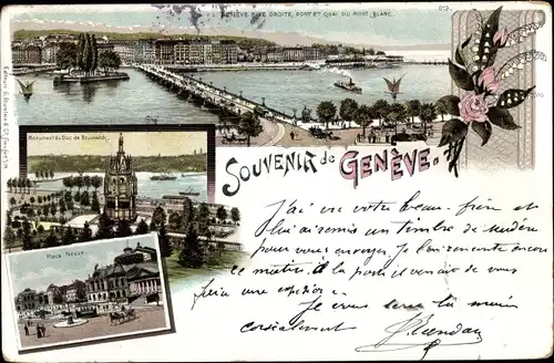 Litho Genève Genf Stadt, Geneve Rive Droite, Pont, Quai du Mont Blanc, Monument du Duc de Brunswick